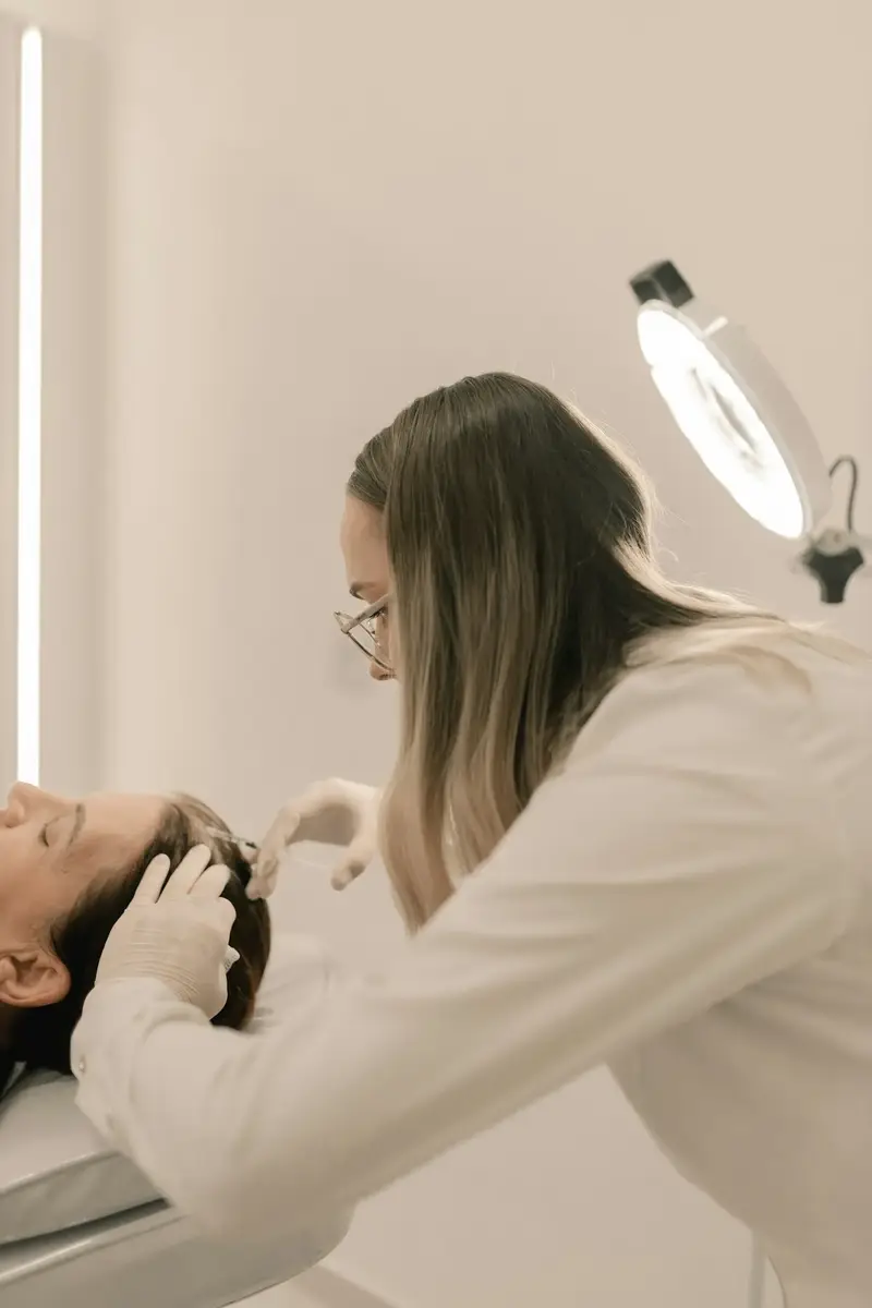 Lívia atendendo uma cliente deitada na maca, com luminária de aumento