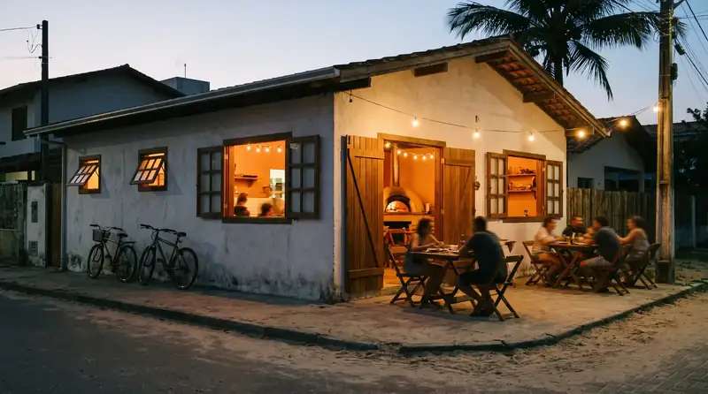 Fachada da pizzaria numa esquina do Campeche ao anoitecer, com mesas na calçada