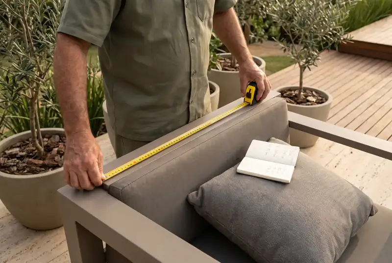 Mãos medindo a largura de um sofá externo com uma trena amarela, com um caderno de anotações sobre a almofada