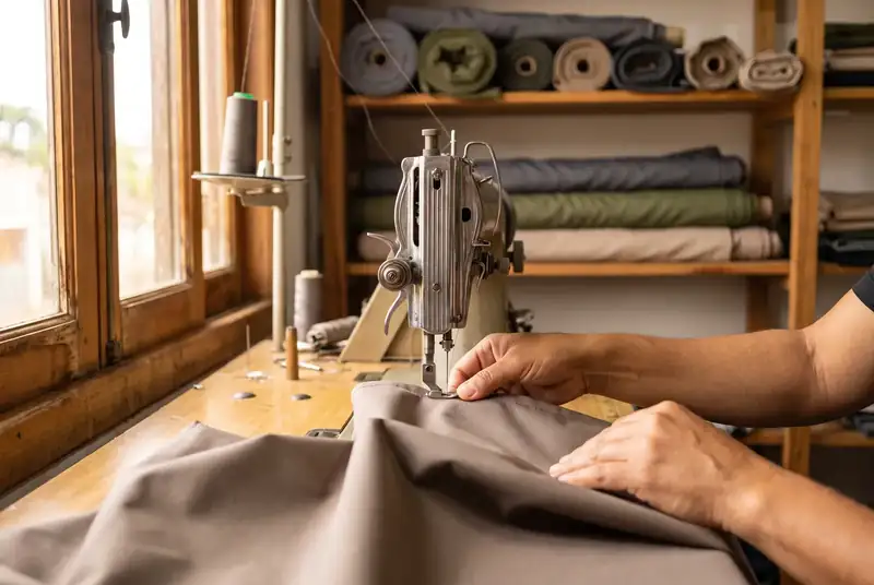 Mãos guiando o tecido taupe impermeável numa máquina de costura industrial, com rolos de tecido ao fundo