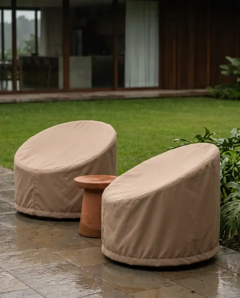 Duas poltronas redondas de jardim cobertas por capas bege sob medida, numa varanda de pedra