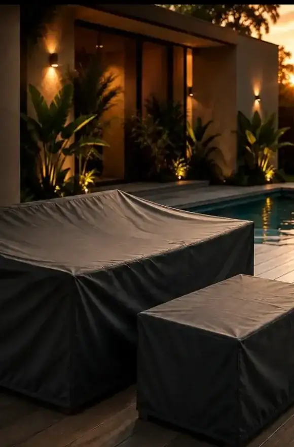 Sofá e pufe cobertos por capas pretas sob medida ao lado da piscina, à noite