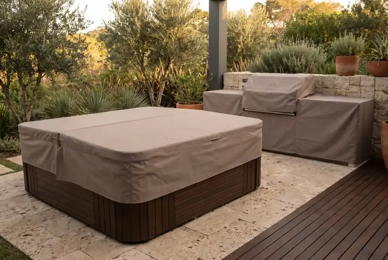 Jacuzzi e bancada de churrasqueira num terraço de pedra, ambos protegidos por capas taupe sob medida