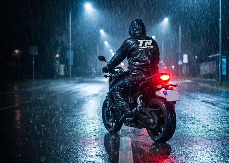 Motociclista de costas numa avenida molhada à noite, com o logo TR Tragetto na capa de chuva e a lanterna vermelha acesa