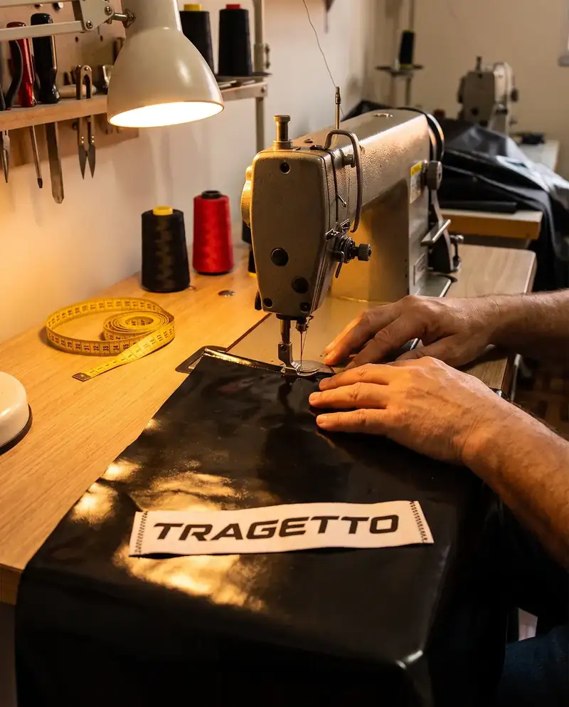 Mãos costurando tecido de PVC preto numa máquina de costura industrial, com fita métrica e linhas na mesa