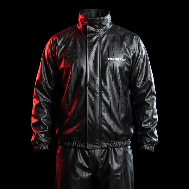 Conjunto de capa de chuva preto em PVC emborrachado com gotas de água e o nome Tragetto no peito